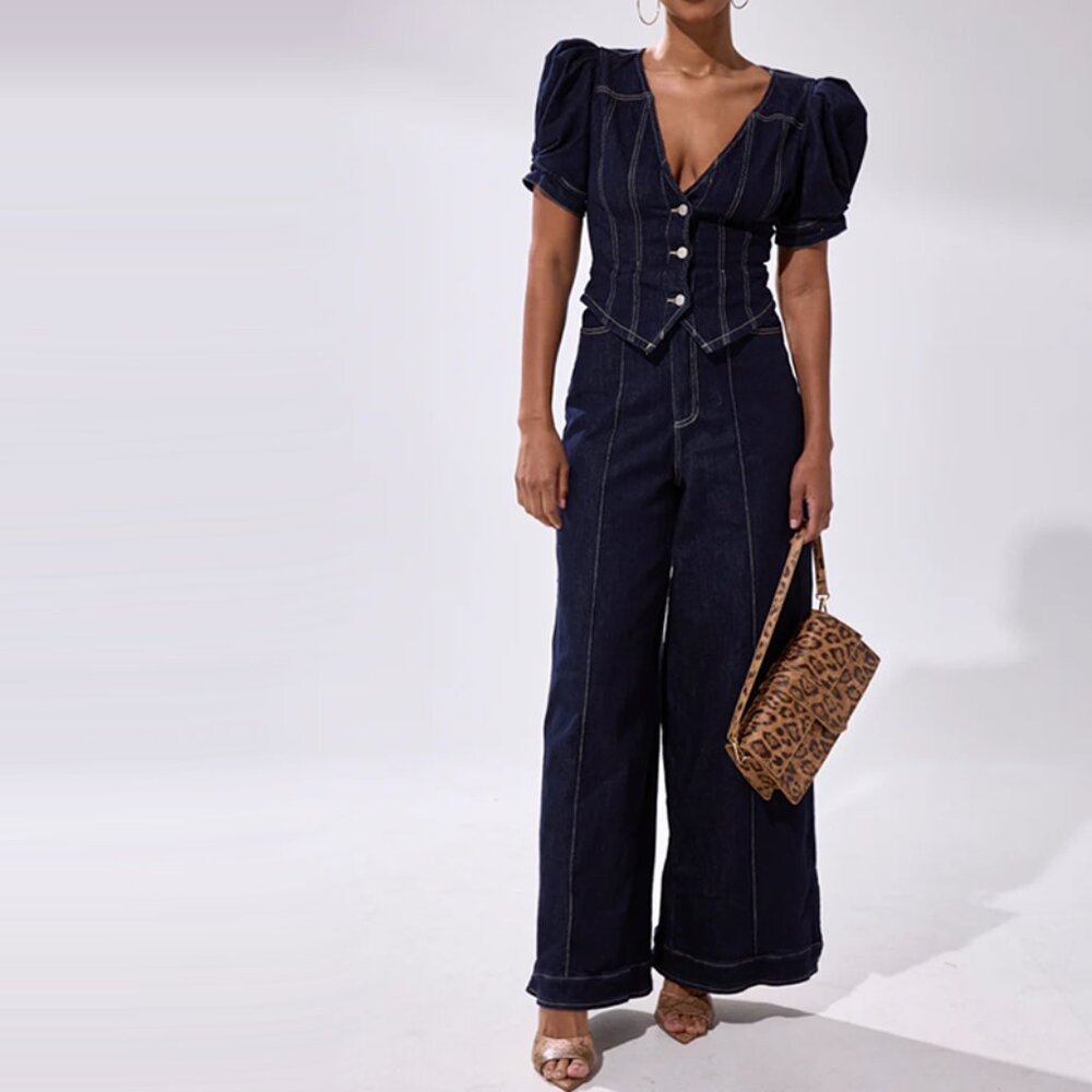 Akira Chic AF Dark Blue Denim Wide Leg Jumpsuit